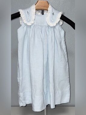 Lullaby Set Francis Flap Dress 100% linen pale blue with ruffled trim sz 2